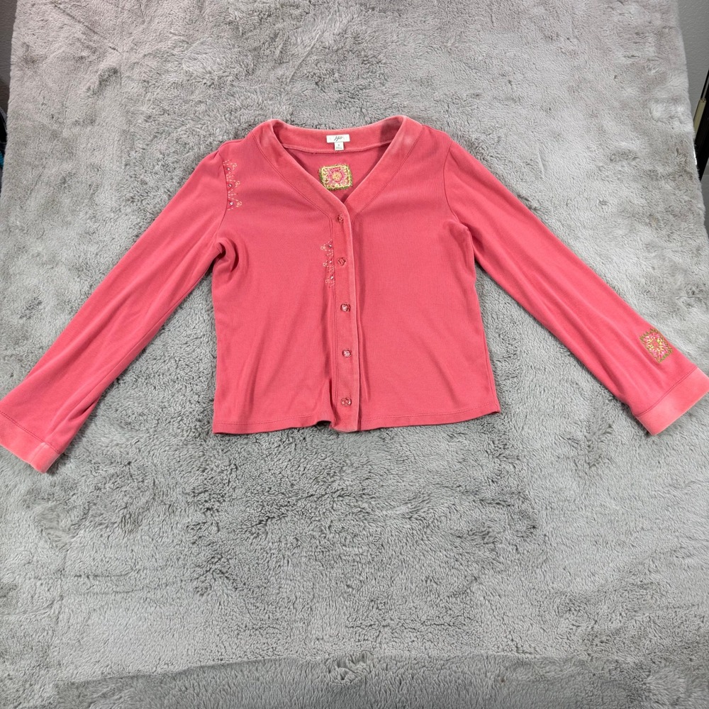 J.Jill Women's Embroidered Velour Cardigan Button Front Pink‎ Small Y2K